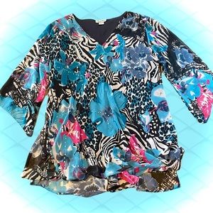 1X ~ XXL / SLIP ON TUNIC TOP / Flutter Sleeve / Coastal / Silky / Two Layers